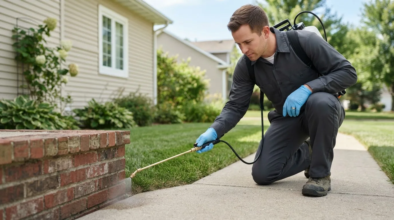 Pest control technician treating a home near Angle Inlet, MN